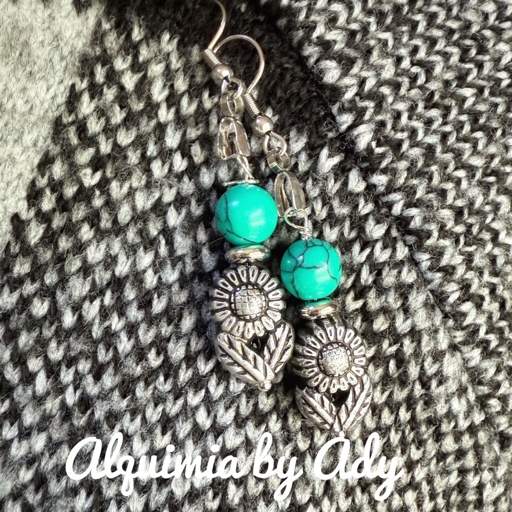 Green turquoise floral silver earrings